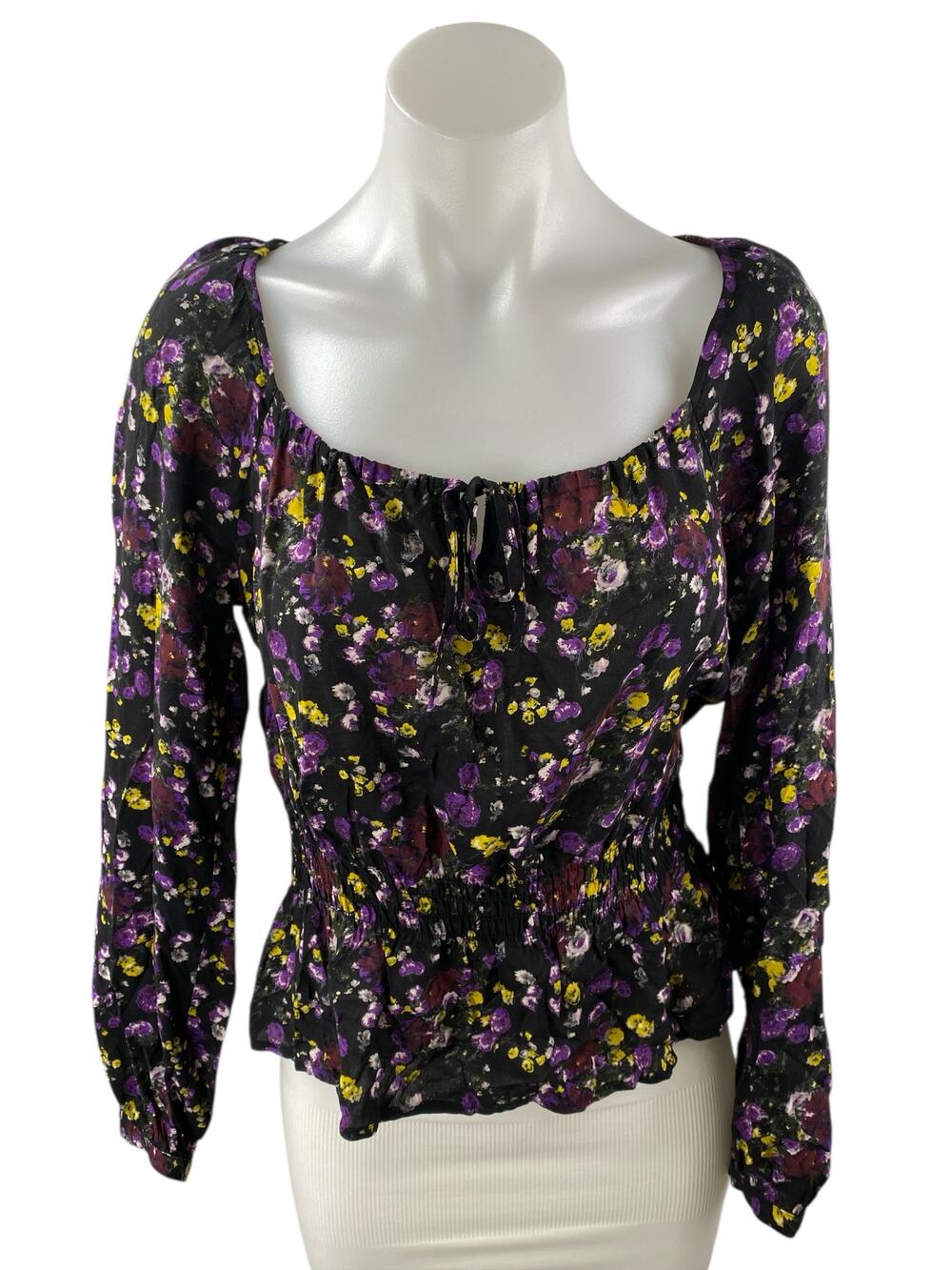 Paige Black Floral Long Sleeve Scoop Neck Tie Smocked Peplum Blouse Top Size S